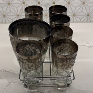 MCM Dorothy Thorpe Grape Pattern Silver Fade Ice Bucket & Six 12 Oz. Tumblers